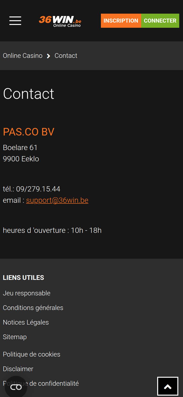 36WIN contact page on a smartphone: PAS.CO address in Eeklo, phone, email and opening hours
