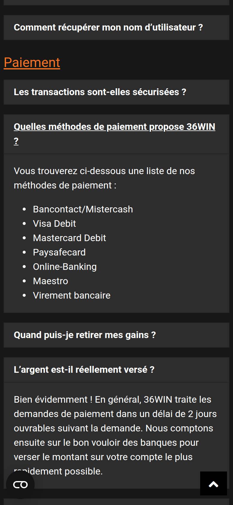 36WIN FAQ on a smartphone: list of payment methods and two working day processing time