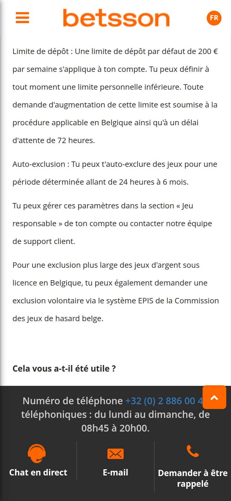 Betsson help centre on a smartphone: 200 euro weekly deposit limit, self-exclusion from 24 hours to 6 months and reference to EPIS