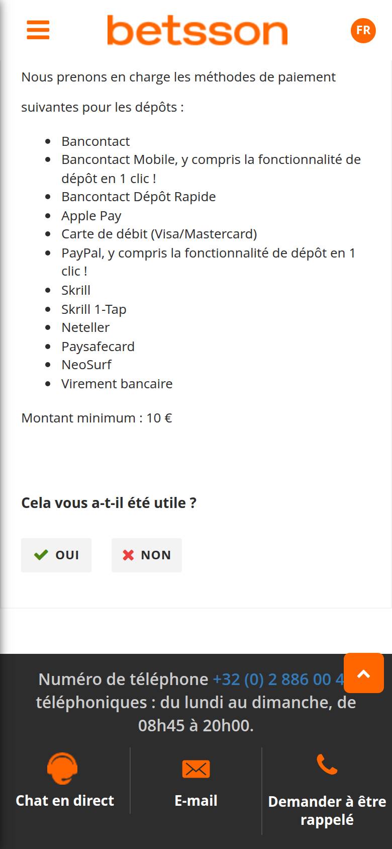 Betsson help centre on a smartphone: list of deposit methods from Bancontact to bank transfer, and 10 euro minimum