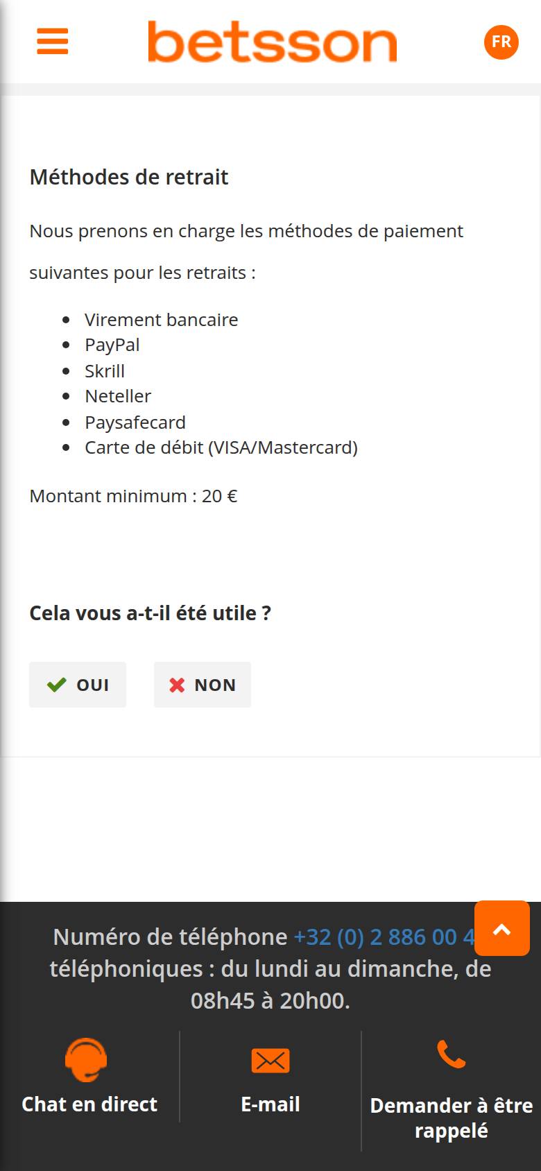 Betsson help centre on a smartphone: withdrawal methods from bank transfer to debit card, and 20 euro minimum