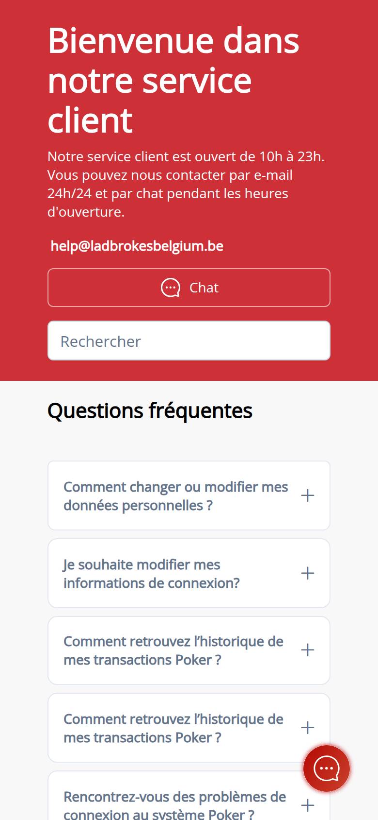 Ladbrokes Casino help centre home page on a phone: customer service open from 10 am to 11 pm, email 24 hours a day, chat button