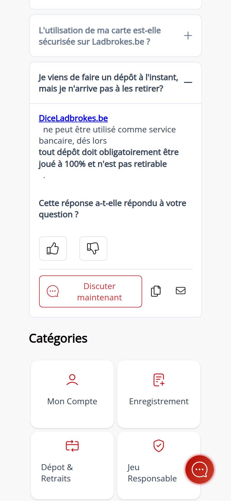Ladbrokes Dice help centre on a phone: answer stating that every deposit must be played at 100 percent and cannot be withdrawn