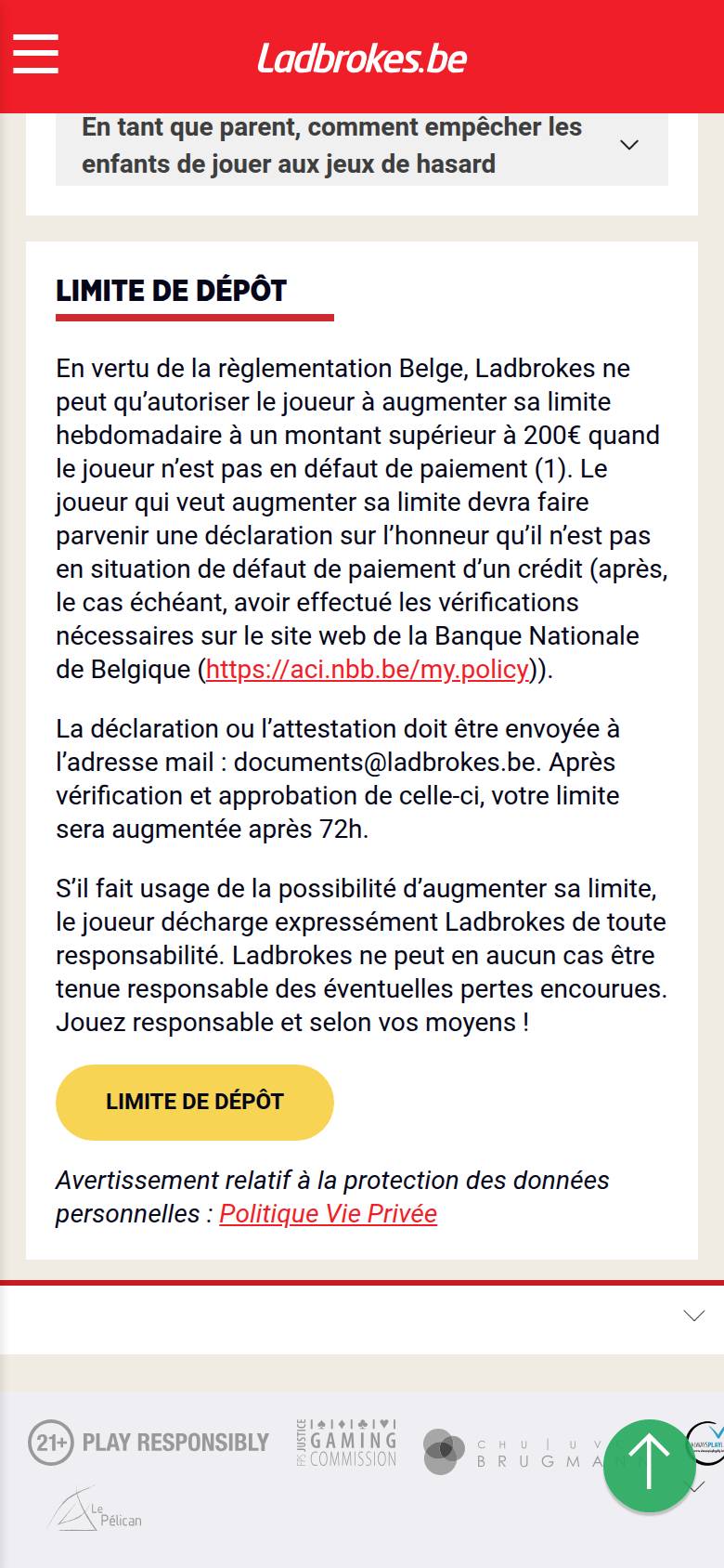 Ladbrokes Dice responsible gambling page on a phone: Limite de dépôt section explaining increases above 200 euros per week and the 72-hour delay
