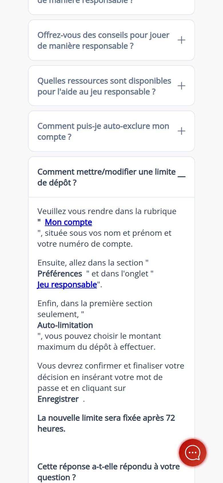 Ladbrokes Casino help centre on a phone: answer about the deposit limit, with the path Mon compte, Préférences, Jeu responsable and the 72-hour delay
