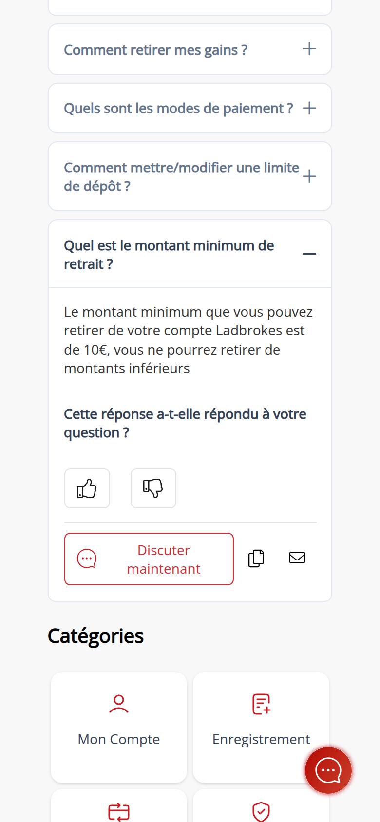 Ladbrokes Casino help centre on a phone: deposits and withdrawals section, answer stating a minimum withdrawal amount of 10 euros