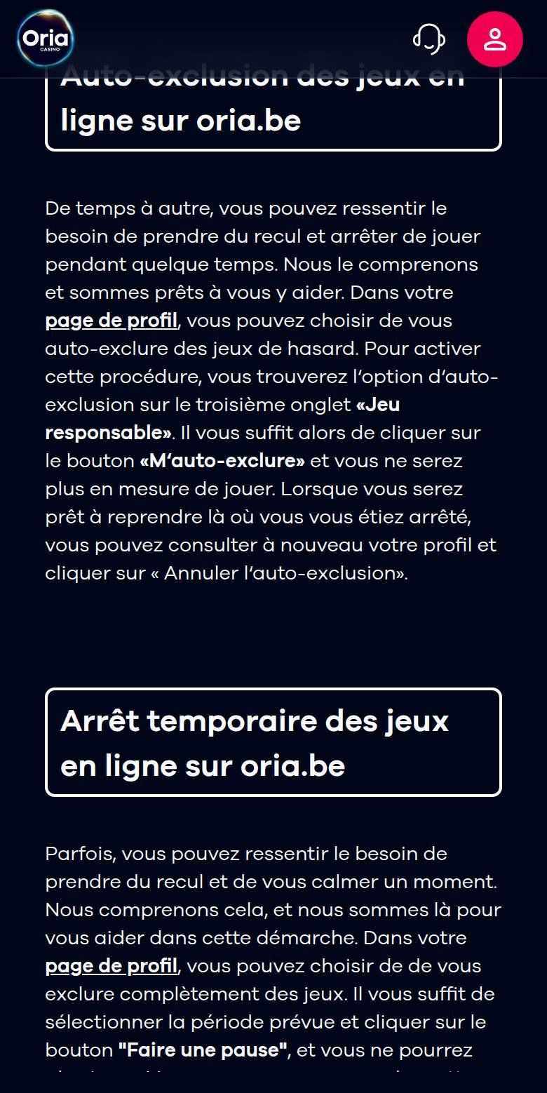 Oria safer gambling page on a phone: sections on self-exclusion from the profile page and on a temporary break with the Faire une pause button