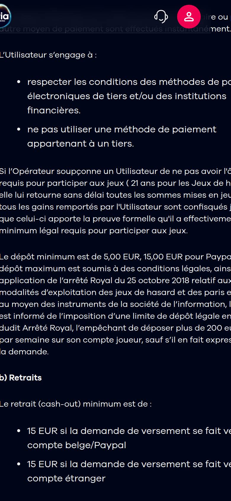 Clause 3.4.2 of the Oria terms on a phone: 5 euro minimum deposit, 15 euros for PayPal, statutory limit of 200 euros per week and 15 euro minimum withdrawal