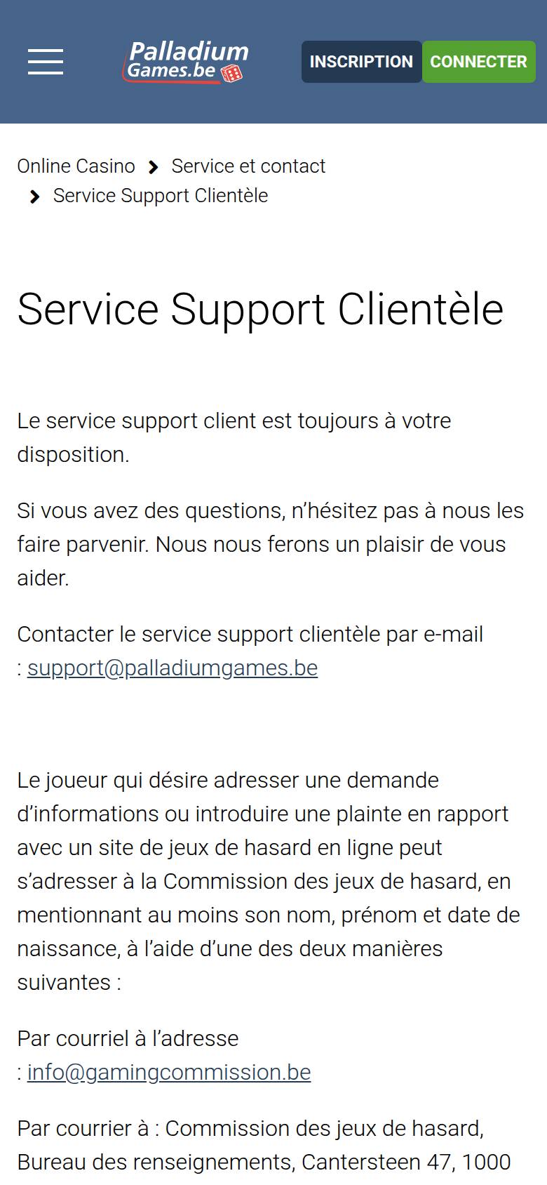 Palladiumgames customer support page on a phone, showing the support email address and the Gaming Commission contact details