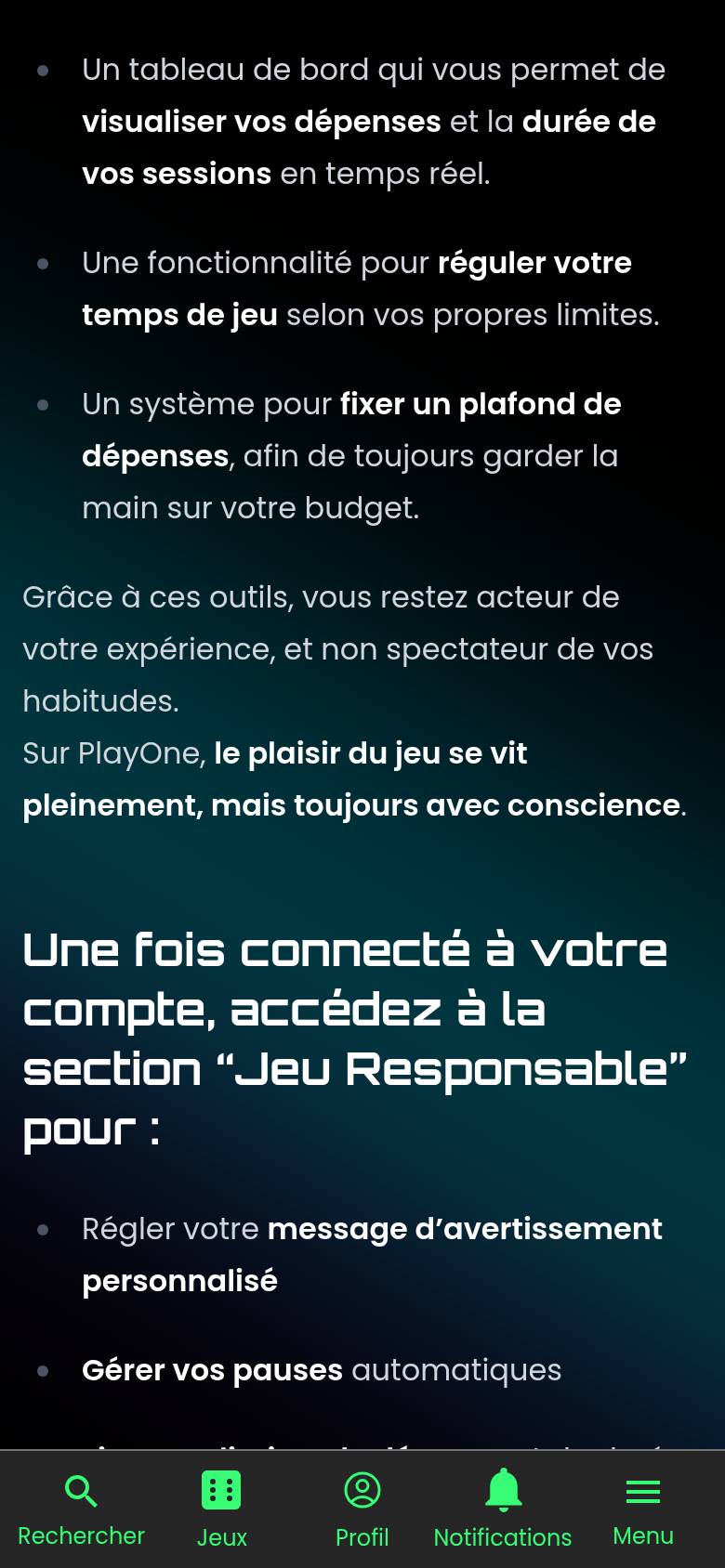 PlayOne safer gambling page on a phone: spending dashboard, playing time setting and spending cap