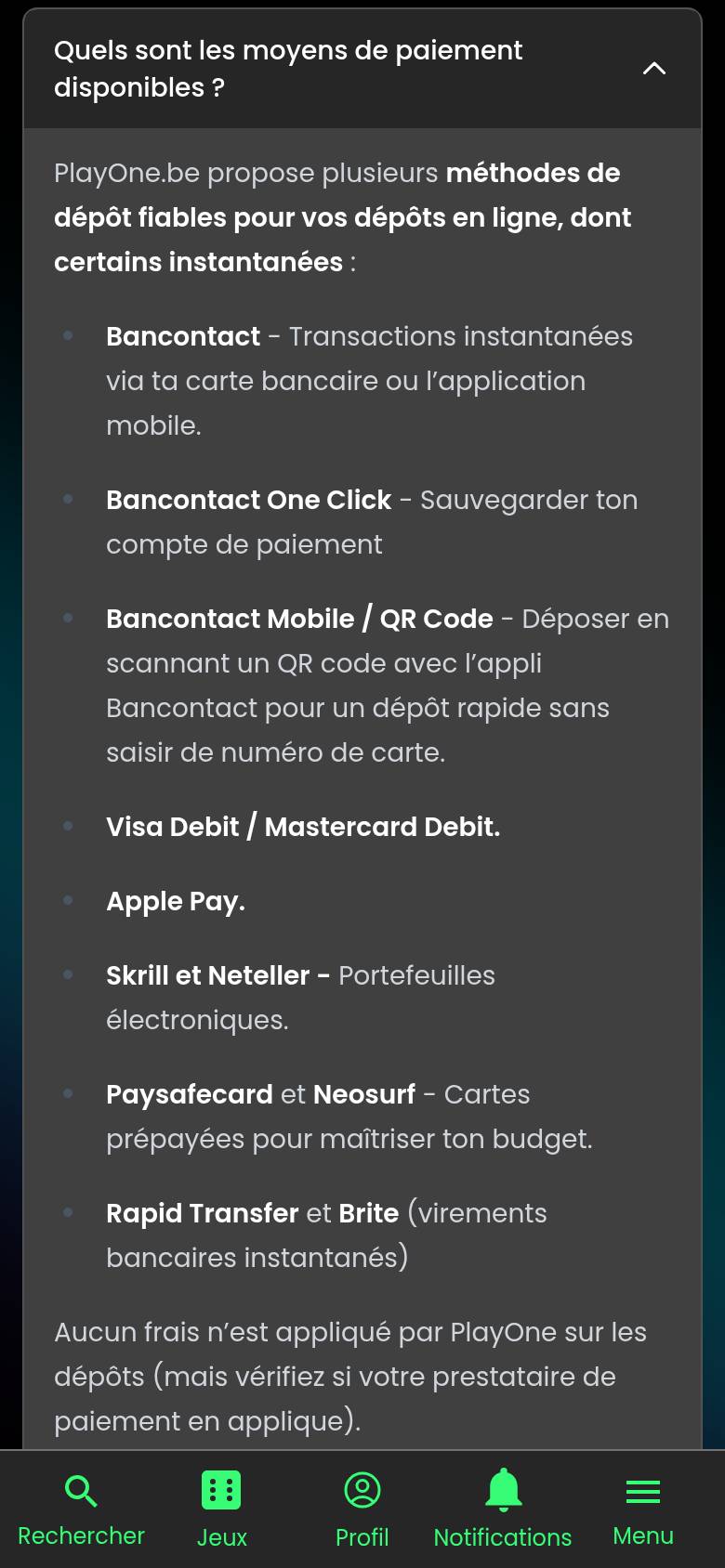 PlayOne FAQ on a phone: list of deposit methods, from Bancontact to Rapid Transfer and Brite