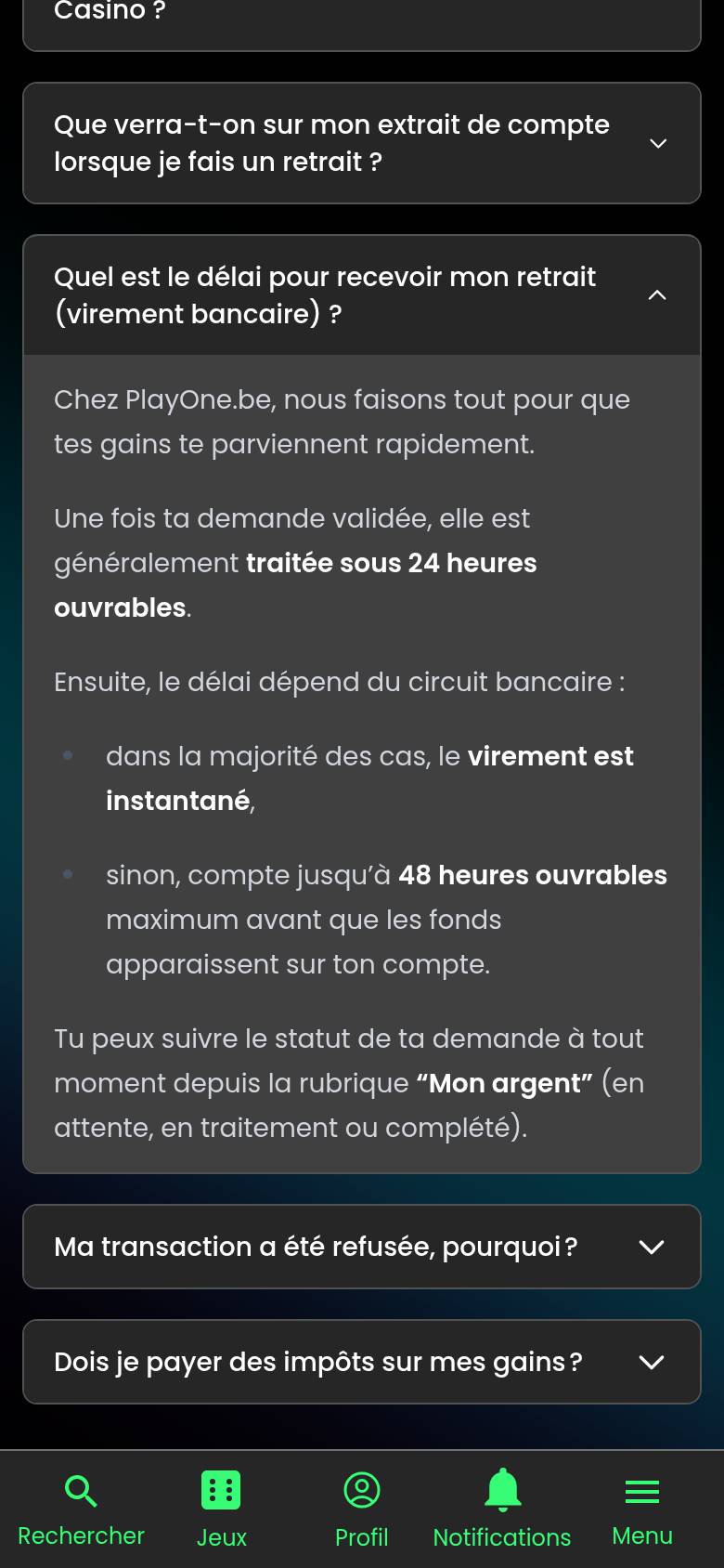 PlayOne FAQ on a phone, question about the bank transfer withdrawal timeframe with the answer expanded