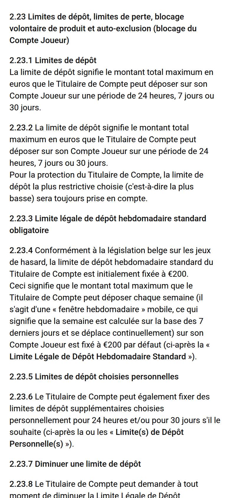 Clause 2.23 of the Unibet Casino terms on a phone: deposit limits over 24 hours, 7 or 30 days and the statutory weekly limit of 200 euros