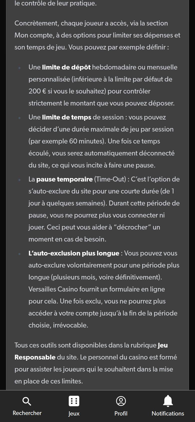 Versailles Casino FAQ on a phone: deposit limit, session time limit, time-out and self-exclusion tools