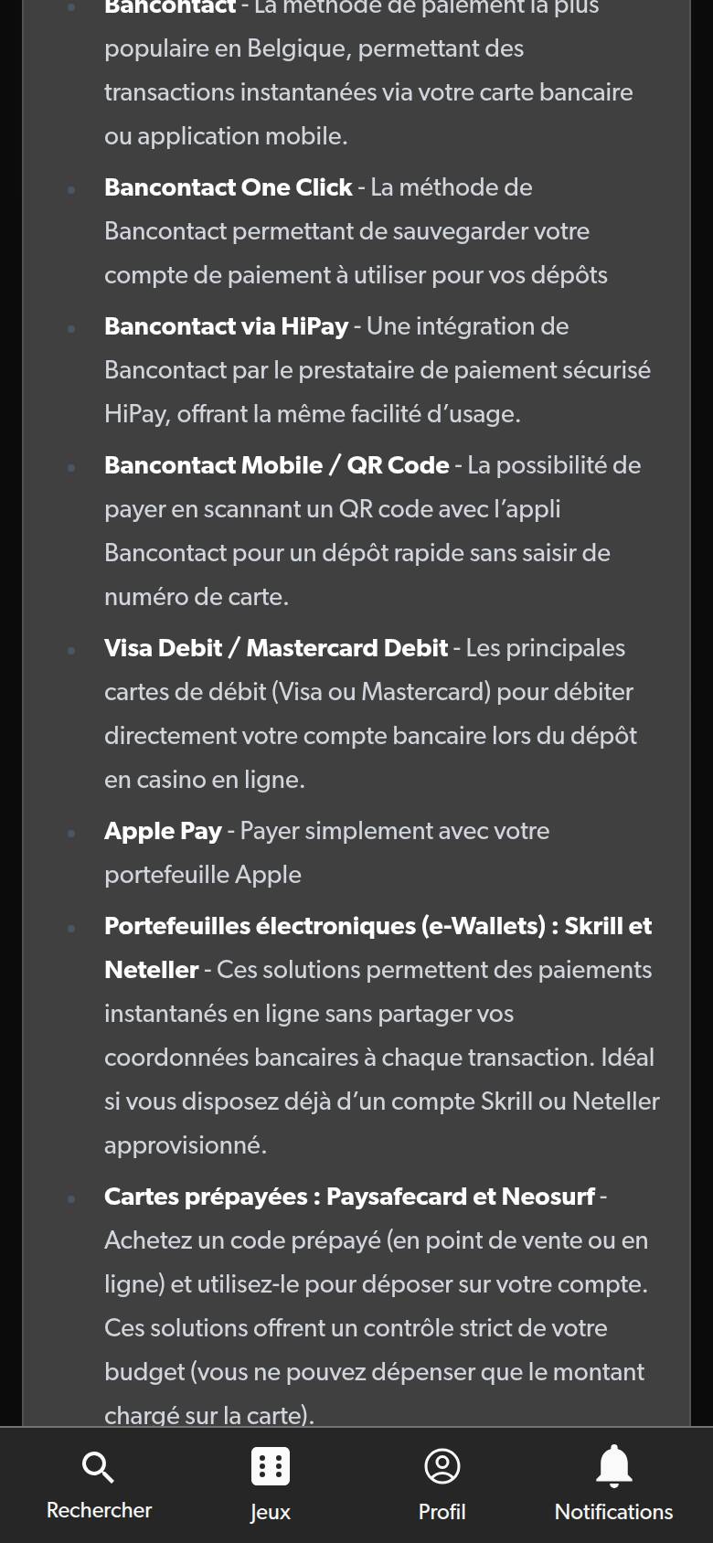 Versailles Casino FAQ on a phone: list of deposit methods, from Bancontact to prepaid cards