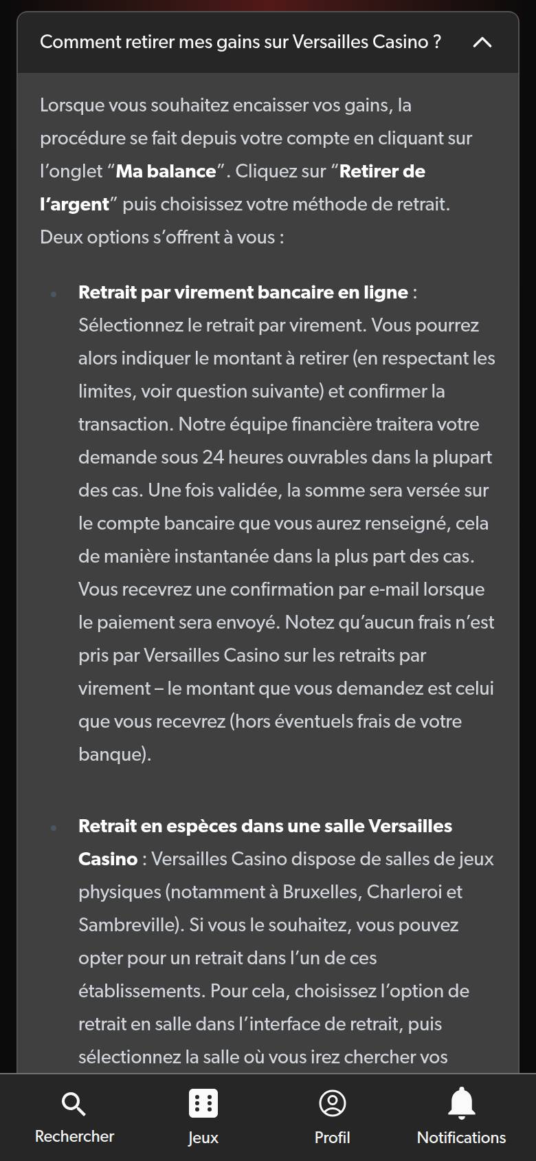Versailles Casino FAQ on a phone: bank transfer withdrawal steps and cash collection at a gaming hall