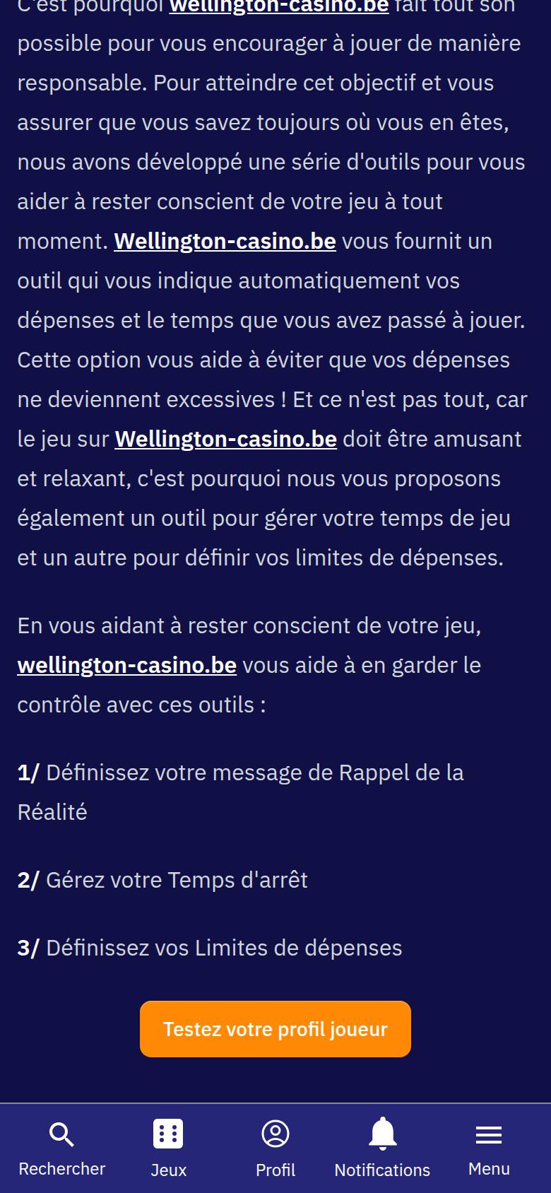 Wellington Casino responsible gaming page on a phone: reality check, downtime and spending limits
