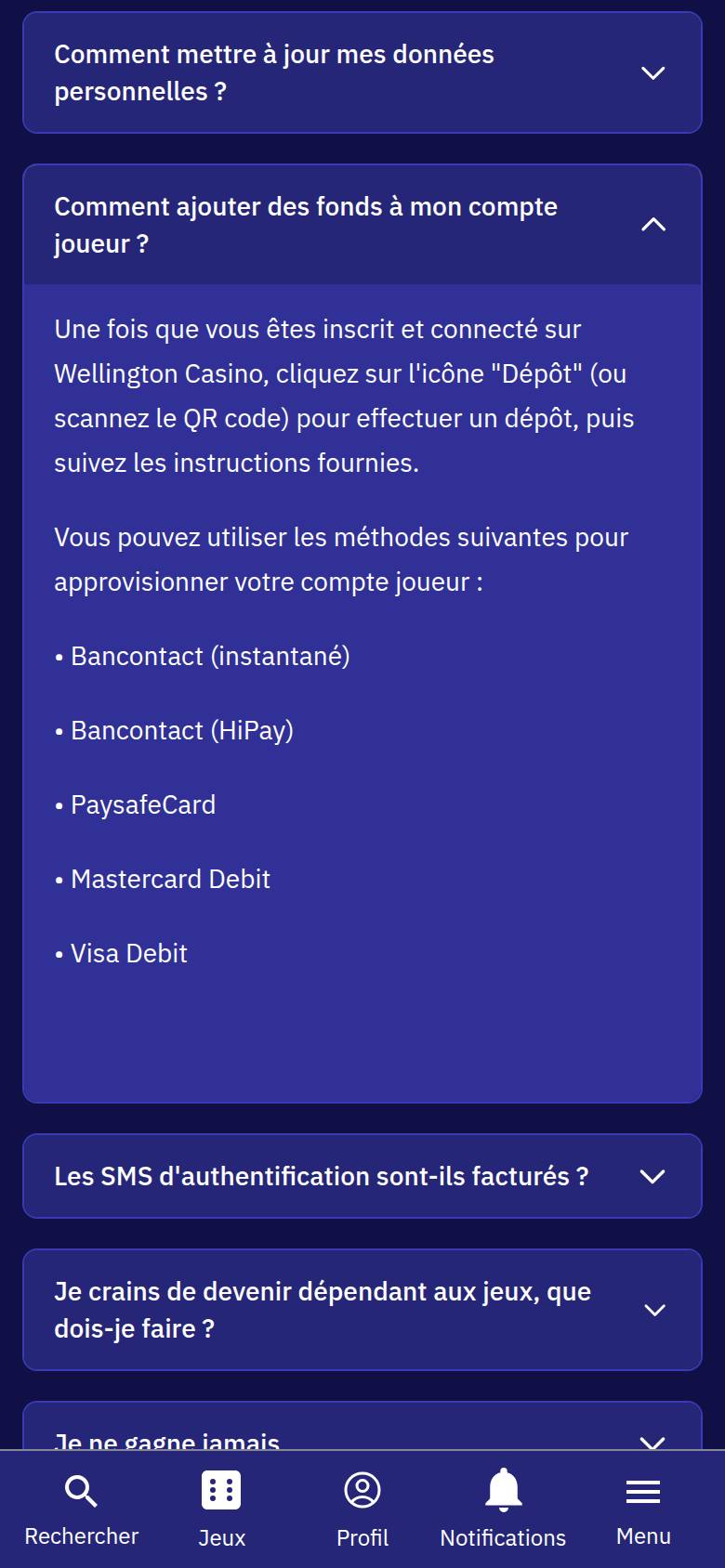 Wellington Casino FAQ on a phone: the five deposit methods, from Bancontact to Visa Debit